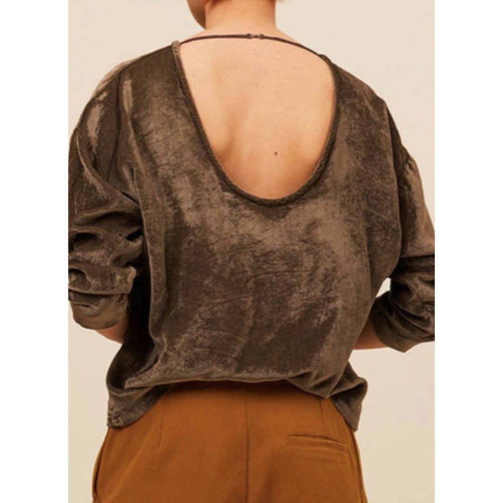HUMANOID Lori Top Brown Women's Velvet 3/4-Sleeve Scoop-Back Shirt‎ Size M